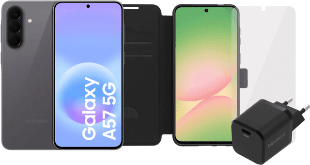 Detalle de Samsung Galaxy A57 128GB Grau 5G inkl. BlueBuilt 45-W-Ladegerät & Book Case Zubehörset