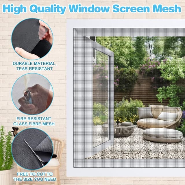 Detalle de BUZIFU Fliegengitter Meterware (Fiberglas, PVC-beschichtet) 150 x 180 cm inkl. Fensterputzbürste – Schutz gegen Mücken