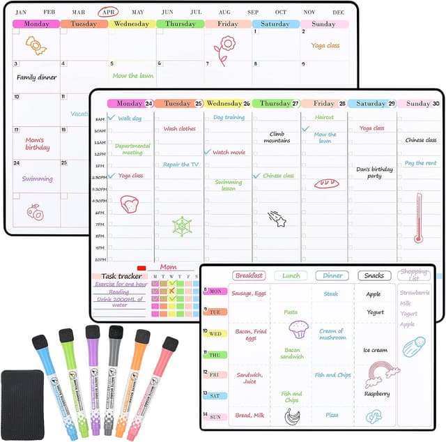 Detalle de POPRUN 3 Pack Magnetic Dry Erase Calendar Whiteboard Set for Fridge (A3 family weekly & monthly planner)