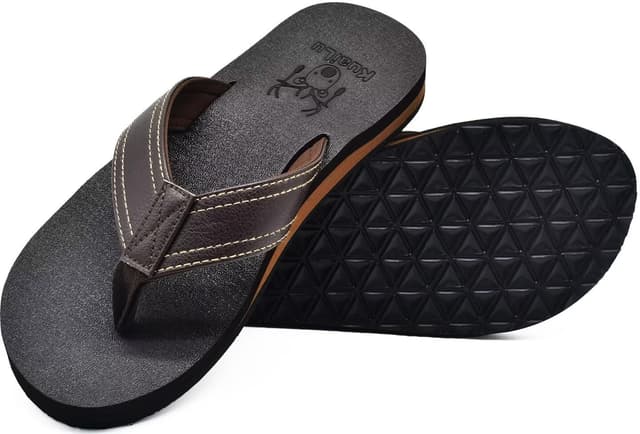 Detalle de KuaiLu men’s leather arch support flip flops – cushioned wide-fit beach sandals with non-slip sole