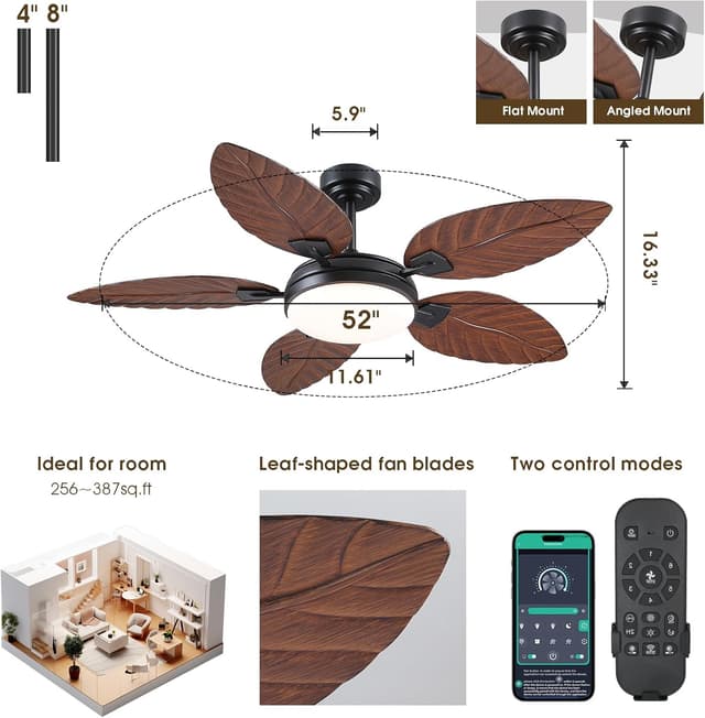 Detalle de PHORUS 52 Inch Tropical Outdoor Ceiling Fan with Lights and Remote (Dark Brown)