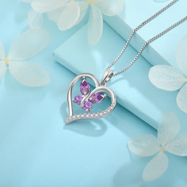 Detalle de FJ Herz-Schmetterling-Kette für Damen aus 925 Sterling Silber mit Geburtsstein & Anhänger