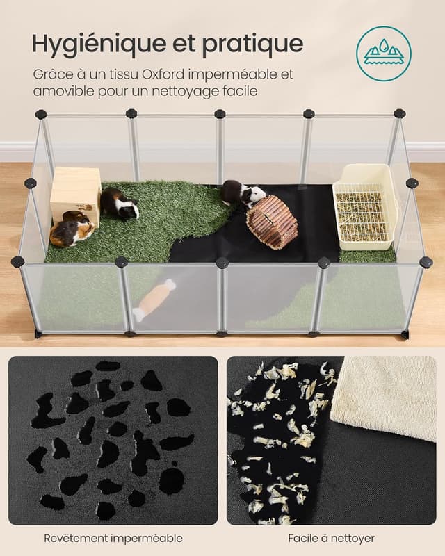 Detalle 2 de Enclos SONGMICS blanc LPC012W01 pour petits animaux avec plancher et tapis imperméable amovible (143 x 73 x 46 cm)