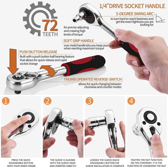 Detalle de HUIYOPU 108-Piece Socket Set with 1/4" & 1/2" ratchet, CR-V bits and tools for DIY, cars and bicycle repairs