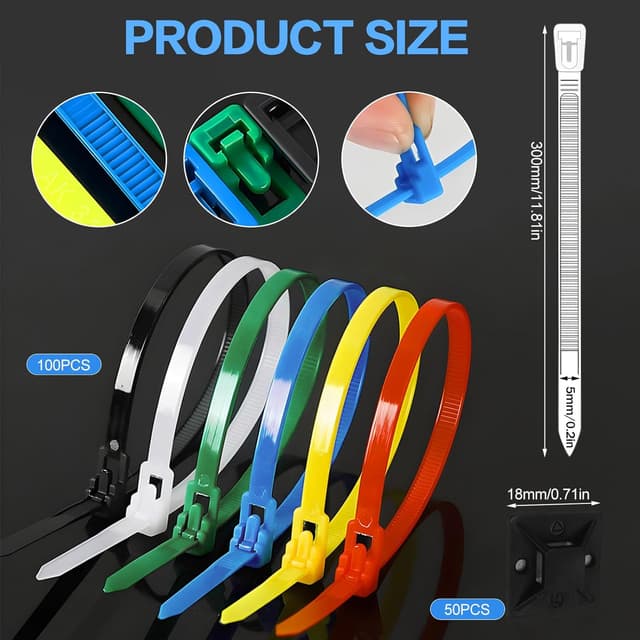 Detalle de Wiederverschließbare Kabelbinder Bunt Set 300 x 5 mm (lösbar) inkl. 50 Klebesockel – 100 Stück