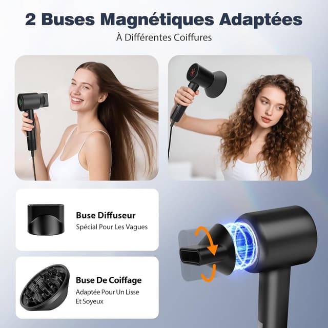 Detalle de Aigostar Sèche-cheveux ionique de voyage avec diffuseur magnétique — 400 millions d’ions négatifs, moteur BLDC 110 000 tr/min, 57 dB (390 g) Noir