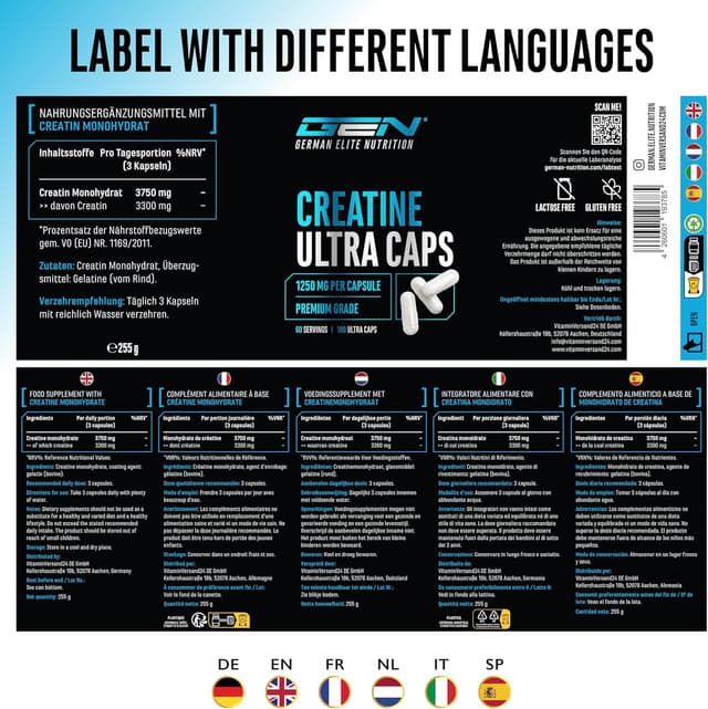 Thumbnail 6 de Creatine Ultra Caps – 180 Kapseln mit 1.250 mg Creatin-Monohydrat (je Kapsel) von German Elite Nutrition