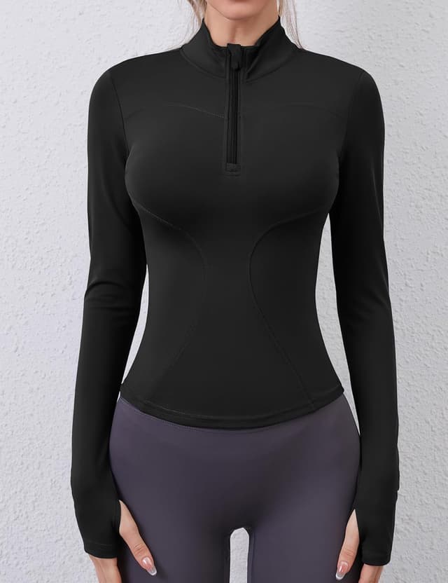 Detalle 2 de Rapbin Women’s Long Sleeve Gym Top with 1/4 Zip and Thumb Holes