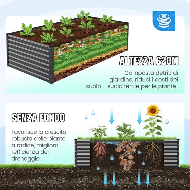 Detalle de Quictent Orto RiAlzato in metallo zincato con gabbie per pomodori incluse, 240x120x62 cm