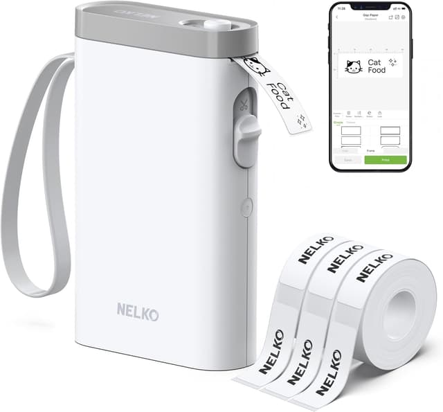 Detalle de Nelko P21 kabelloser Bluetooth Etikettendrucker für iOS & Android (mit 3 Rollen selbstklebenden Aufklebern), tragbar, weiß