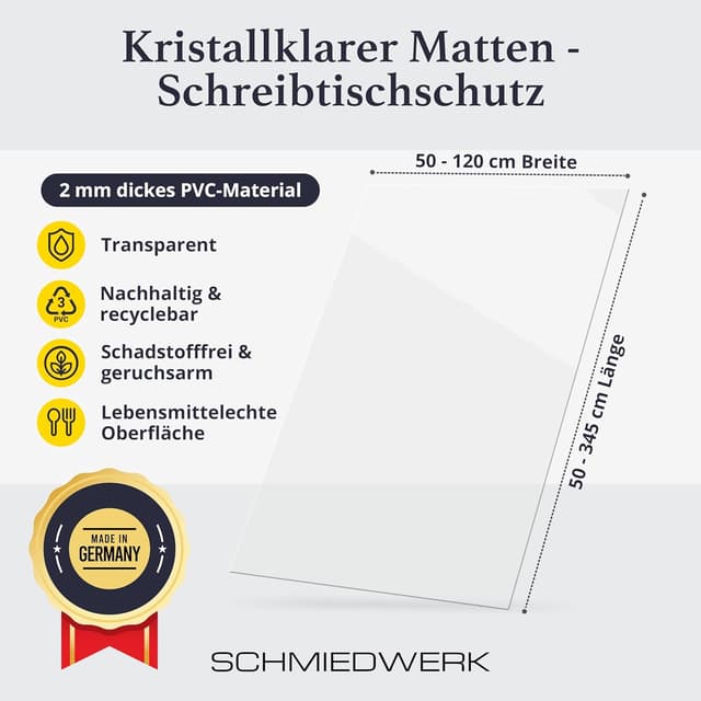 Detalle 2 de SCHMIEDWERK Tischschutz transparent nach Maß 2 mm mit Wohlfühlkante (90 x 160 cm) – glasklare Folie