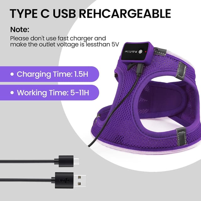 Detalle de PcEoTllar Light Up Dog Harness with Rechargeable LED (Waterproof, Reflective) – Purple