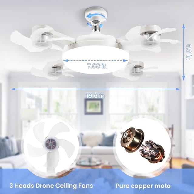 Detalle de BomKra Ceiling Fan with Lights and Remote (3 Heads Drone Blade) – LED light fan with dimming and 3 speeds