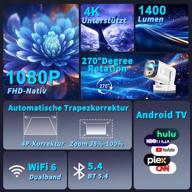 Detalle de Mini Beamer 4K 1080P (2026) mit Auto-Fokus, Trapezkorrektur, WiFi 6 & Bluetooth 5.4 – tragbarer Projektor in Weiß