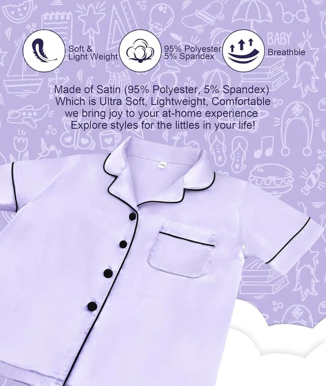 Detalle de SWOMOG Kid's Silk Pyjamas 3PCS satin set (short-sleeve top + shorts + long pants), ages 4–16