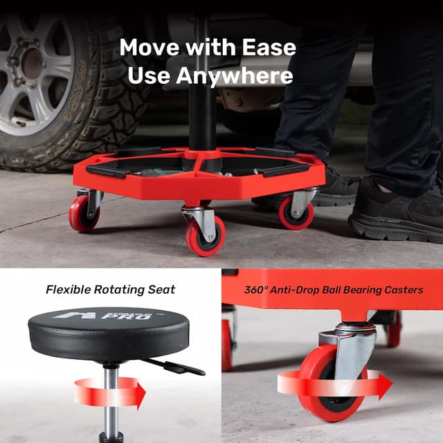 Detalle 2 de HYDRAULIC PRO Adjustable Height Rolling Mechanic Stool (16.1–21.7 in) with Cushioned Seat and Tool Trays