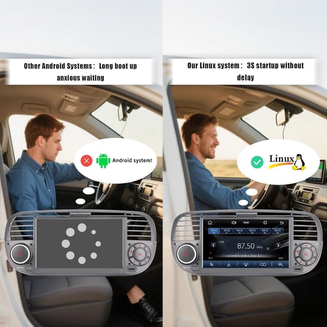 Detalle 2 de Autoradio doppio DIN per Fiat 500 con touchscreen, USB, Bluetooth, FM/AM e Linux (CarPlay/Android Auto wireless)