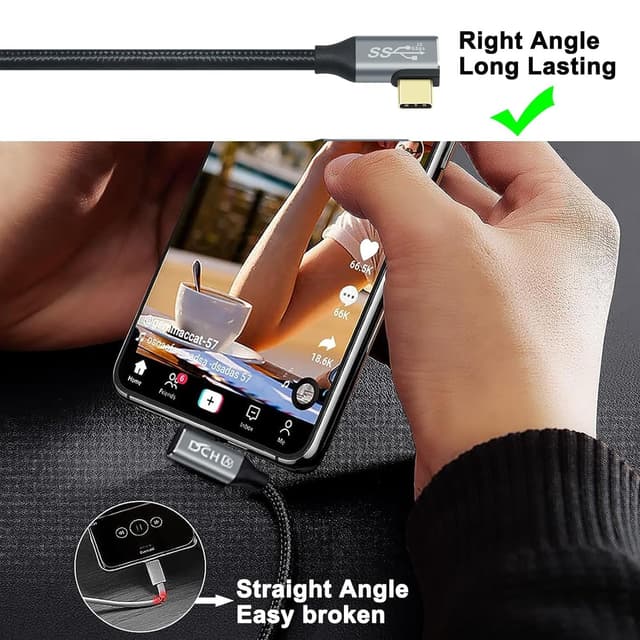 Detalle de DCHAV 1 m USB-C-auf-USB-C Kabel (100 W, 10 Gbit/s, 4K@60 Hz) mit 90-Grad-Stecker