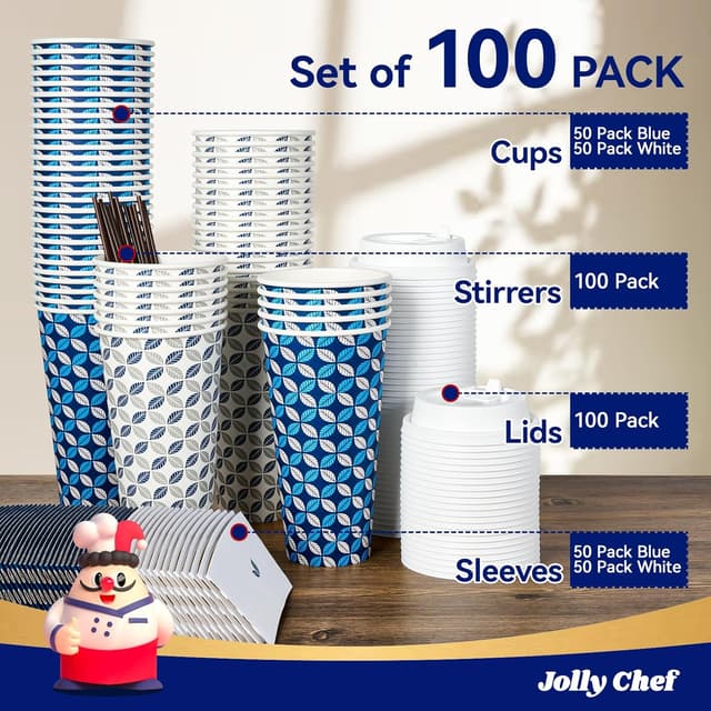 Detalle 1 de JOLLY CHEF 100-Pack 20 oz Disposable Coffee Cups (with Lids, Sleeves & Stirrers) – Blue Leaf and Grey Leaf