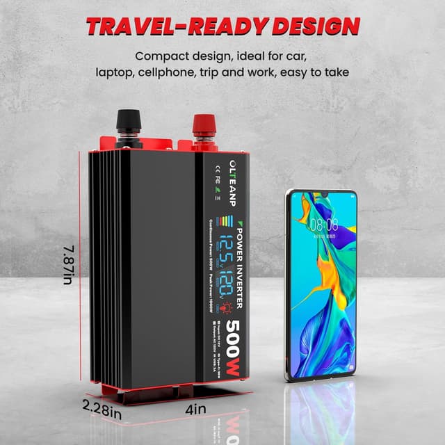 Thumbnail 5 de OLTEANP 500W Power Inverter (12V DC to 110/120V AC) with LCD, 2 AC Outlets, USB, and Type-C Port