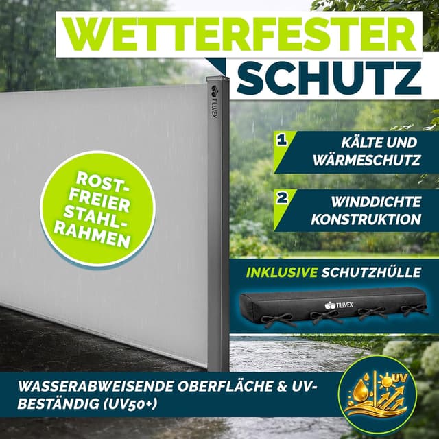 Detalle de tillvex® Seitenmarkise 180 x 400 cm ausziehbar – blickdicht mit Regencover und Wandhalterung