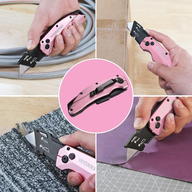 Thumbnail 6 de WORKPRO Cutter Professionnel Pliant rose avec mécanisme de changement rapide et 10 lames SK5