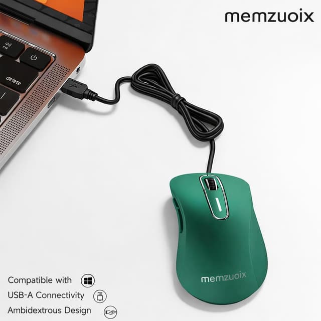 Detalle 2 de memzuoix Maus mit Kabel – optische USB-Maus mit 1400 DPI, 5 Tasten & ergonomischem Design (1,5-m-Kabel, dunkelgrün)