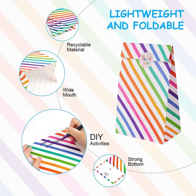 Detalle de Flintronic 18er Papiertüten-Set für Kindergeburtstage mit Aufklebern (24 × 13 × 8 cm) – Candy-Tüten für Mitgebsel