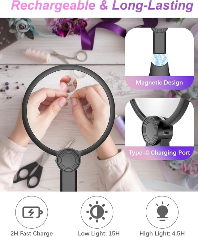 Detalle de 5X/15X Hands-Free Magnifying Glass with Light (48 LEDs) – Neck Magnifier for Craft, Reading & Close Work