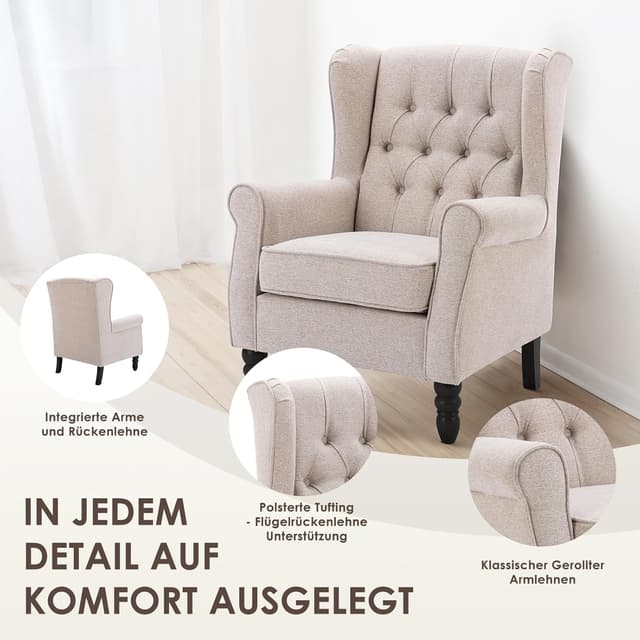 Thumbnail 2 de COLAMY Mid-Century Modern Wingback-Sessel mit Knopfsteppung & Massivholzbeinen, Beige