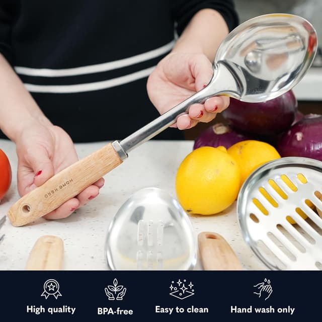 Detalle de Home Hero 10-Piece Stainless Steel Kitchen Utensils Set with Wood Handles (Silver & Wood)