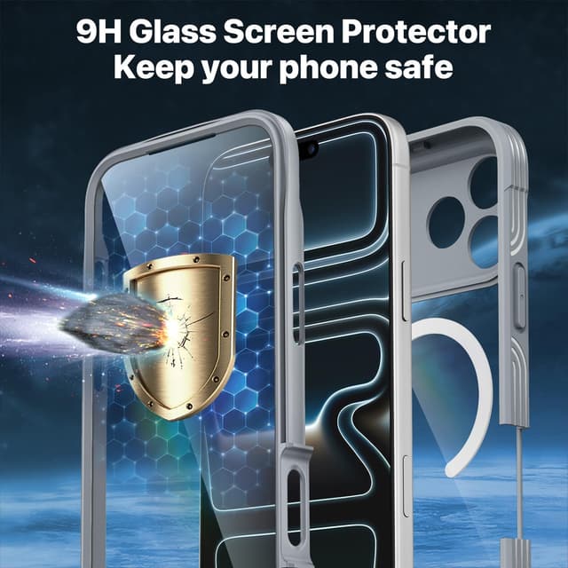 Detalle de CENHUFO iPhone 17 Pro case with built-in 9H glass screen protector, full camera protection and MagSafe support (6.3 inch) - Gray