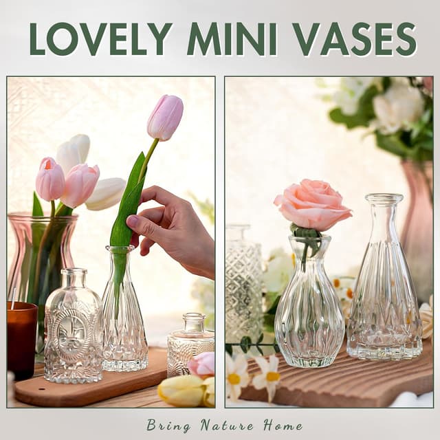 Detalle de Arme 20-Piece Bud Vase Set: Mini Vintage Clear Glass Vases for Flowers & Centerpieces