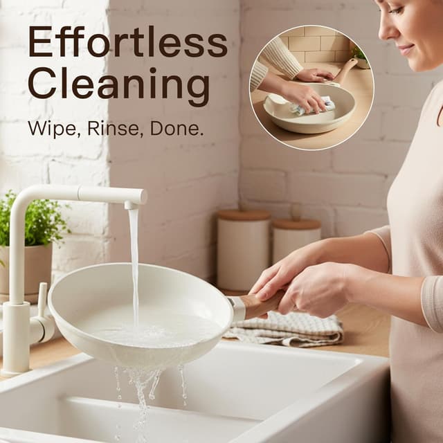 Detalle de Non Stick Ceramic Pots and Pans Set (22-Piece) – Non-Toxic, Induction Compatible, Cream White Granite