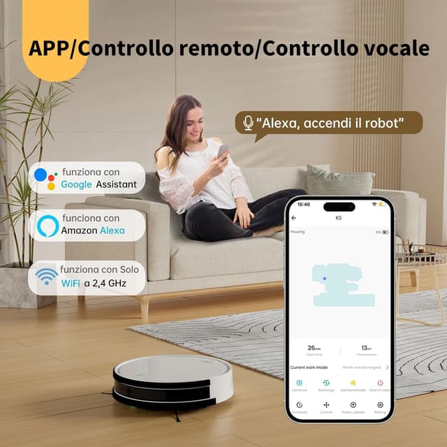 Detalle de OKP K5 Robot Aspirapolvere con telecomando, 2500Pa e navigazione intelligente PSD (Wi‑Fi/App/Alexa)
