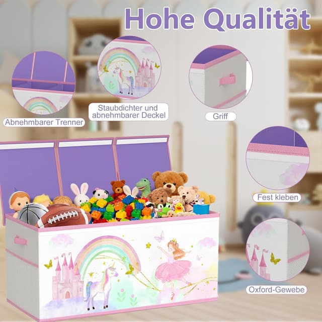 Detalle de Extra Groß Aufbewahrungsbox Spielzeugkiste mit Deckel (faltbar) – Beige & Lila