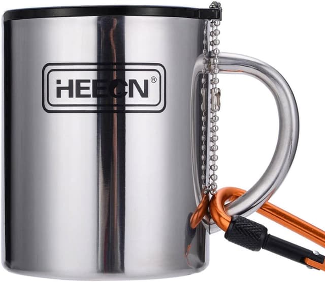 Thumbnail 6 de HEECN tazza da caffè da campeggio in acciaio inox a doppia parete da 200 ml con coperchio e moschettone