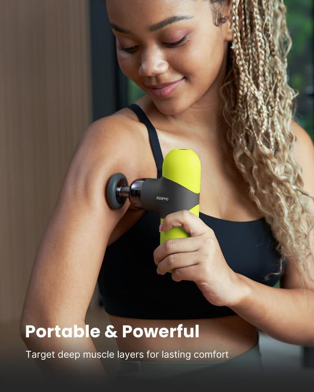 Detalle de RENPHO Mini Thermal Massage Gun with Heat (Green) — portable heated deep tissue percussion massager