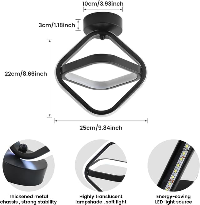 Detalle de Goeco plafonnier LED 22W noir moderne (25×25×22 cm) – lumière blanche froide 6500K