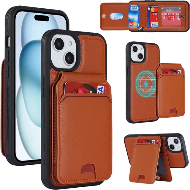 Detalle de Zouzt detachable 2-in-1 wallet case for iPhone 15 6.1-inch (with card holder) for MagSafe, Brown