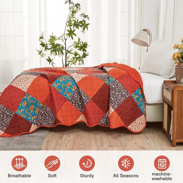 Detalle de Qucover Patchwork Couvre Lit et Dessus de Lit réversible 150x200 cm (1 personne) en boutis matelassé