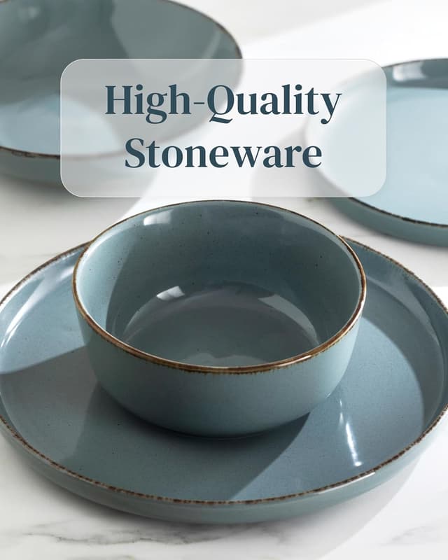 Detalle 2 de PURE LIVING INTERIOR DESIGN Rustic stoneware dinnerware set for 8 people (24 pcs) in smoky blue