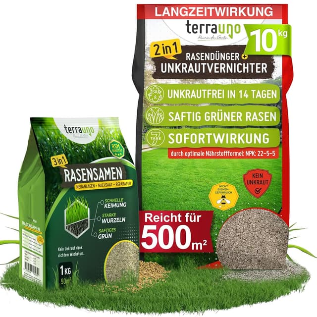 Detalle de TerraUno Rasendünger mit Unkrautvernichter extra stark – 10 kg für 500 m², 100 Tage Langzeitwirkung gegen Löwenzahn & mehr