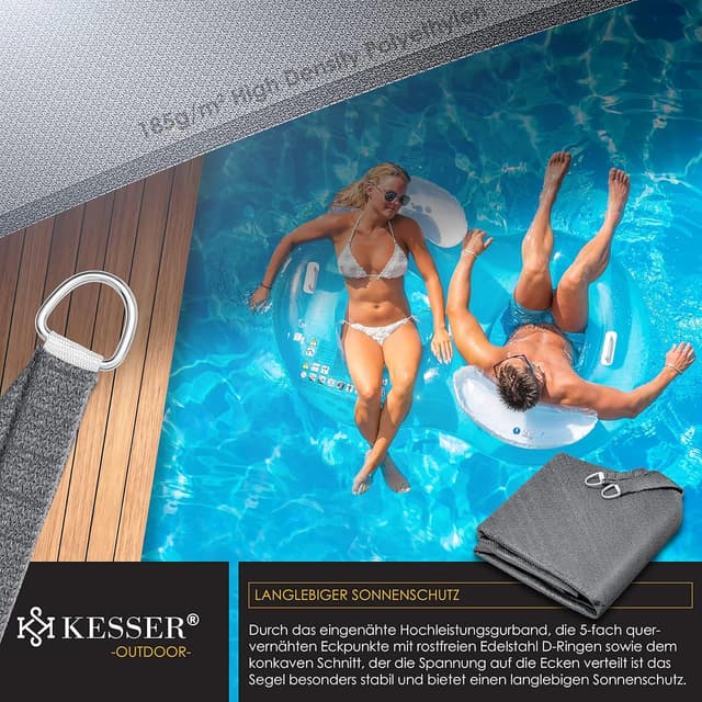 Detalle 2 de KESSER® Sonnensegel Sonnenschutz Windschutz aus HDPE-Gewebe, dreieckig 2,5 x 2,5 x 3,5 m (5-fach quer vernäht) grau