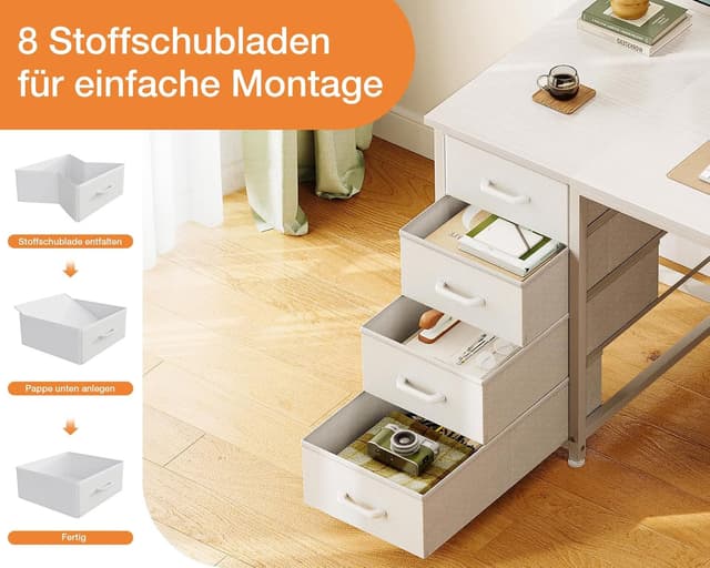 Detalle 2 de Coleshome Schreibtisch mit 8 Stoff-Schubladen (140 x 48 cm) – weißer PC- & Bürotisch für Homeoffice