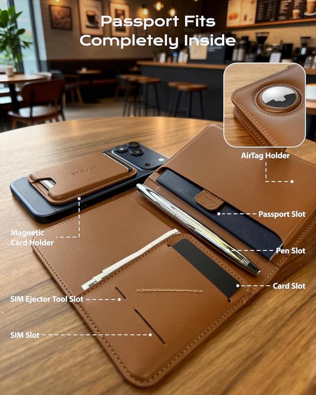 Detalle 2 de Stouchi Passport Holder Airtag Wallet with Detachable Magnetic Card Case (Brown)