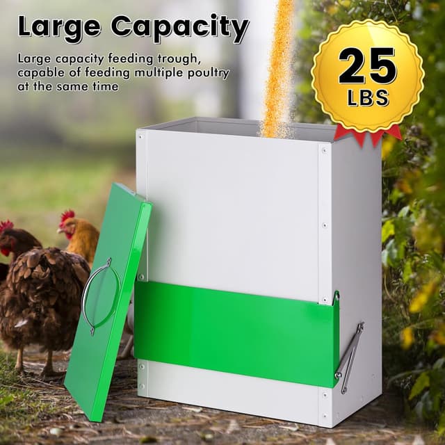 Detalle 2 de MasXirch Futterautomat Hühner 11 kg – Metall-Futtertrog mit Deckel für Außenbereich