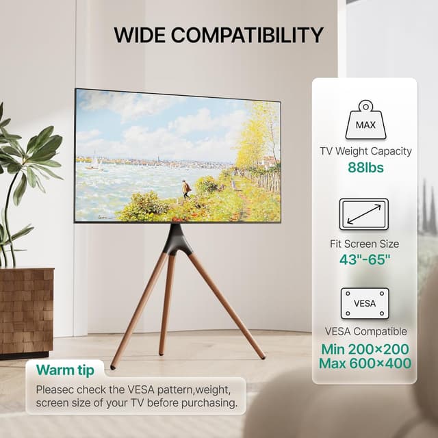 Thumbnail 6 de ECOTINY Artistic Easel TV Stand (Tripod Floor Mount) for 43–65 Inch TVs, 180° Swivel, Max VESA 600×400mm, Black Walnut