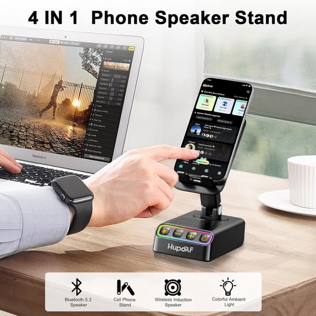 Detalle 2 de Hupoaf Adjustable Cell Phone Stand with Wireless Induction Bluetooth Speaker and RGB Ambient Lighting