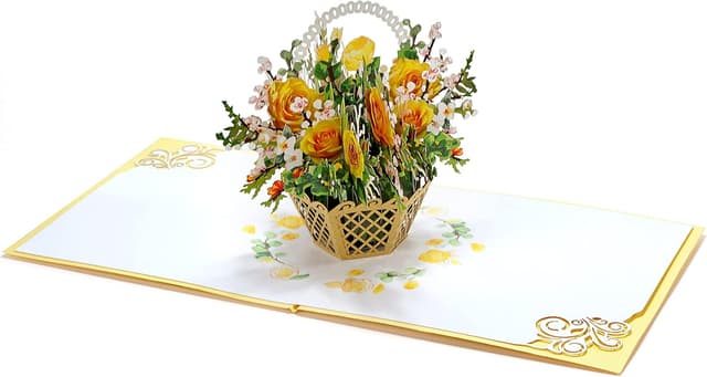 Detalle 2 de CUTPOPUP Yellow Rose – Pop-Up-Karte mit gelbem Rosenkorb für Geburtstage, Muttertag & mehr